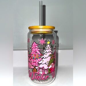Pink Christmas Tree Tumbler with Straw